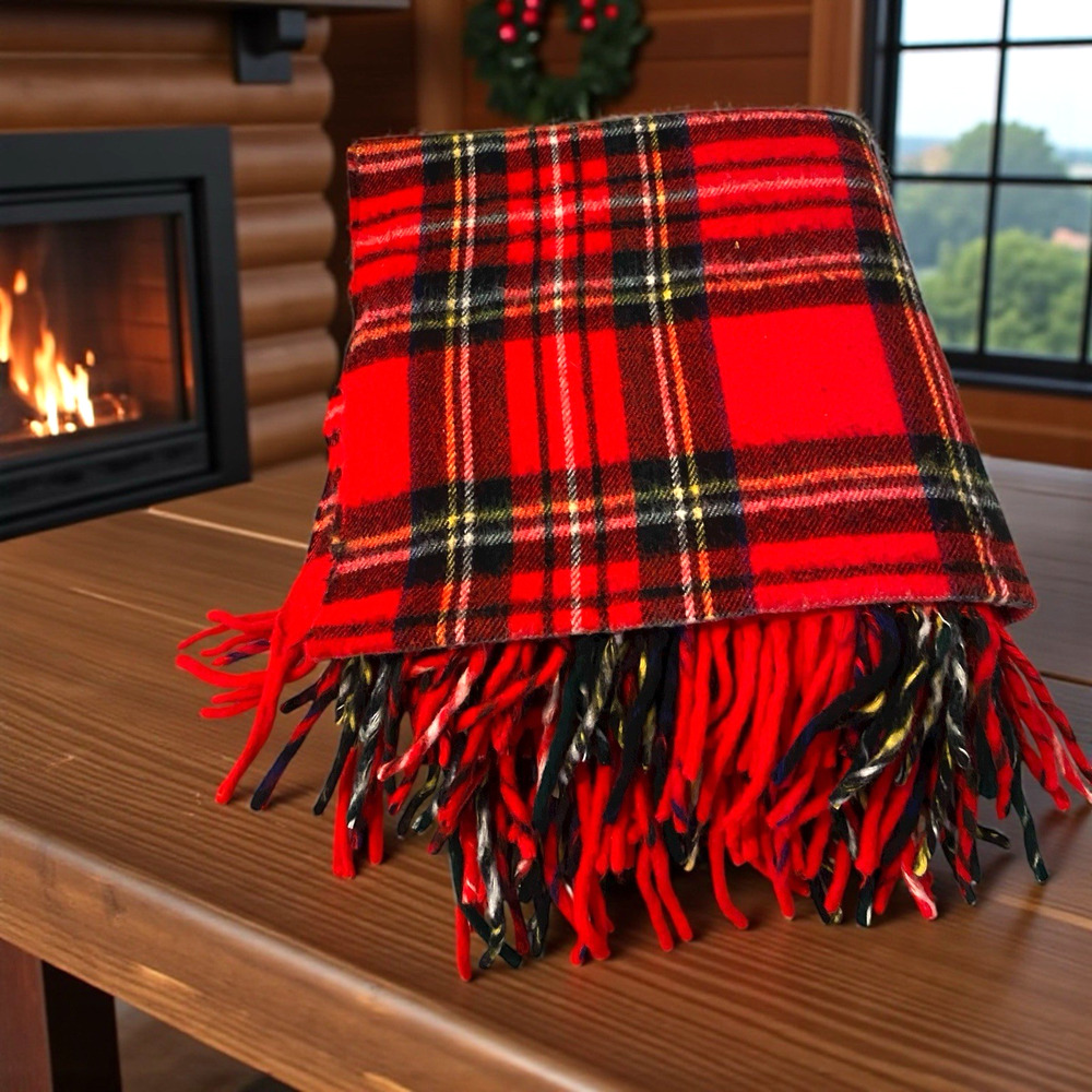 Vintage Plaid Tartan Blanket Throw Fringe Red Check Troy Lodge Cabin Ski 52"x52"